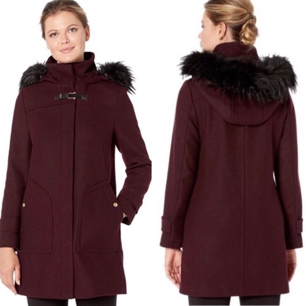 Cole Haan Signature Burgundy Wool Zipped Pea Coat